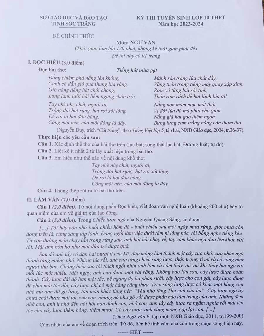 Đề thi môn Ngữ văn.