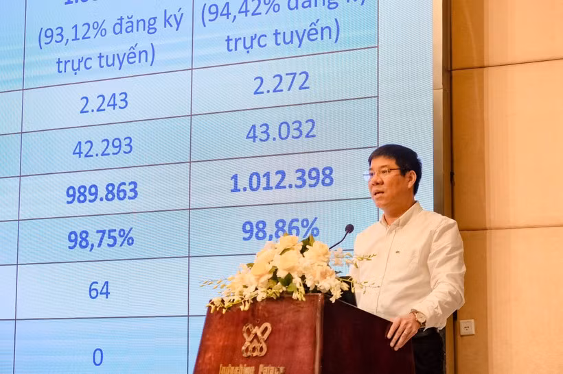 Ông Huỳnh Văn Chương - Cục trưởng Cục Quản lý chất lượng (Bộ GD&amp;ĐT) trình bày tham luận về việc tổ chức thi tốt nghiệp THPT năm 2024.
