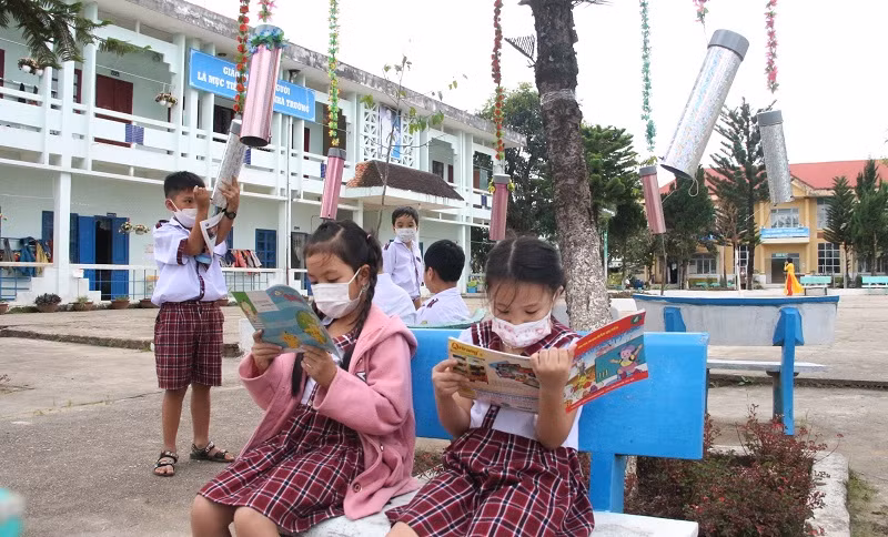 Các em đọc sách ở tủ sách di động dưới tán cây trong sân trường.