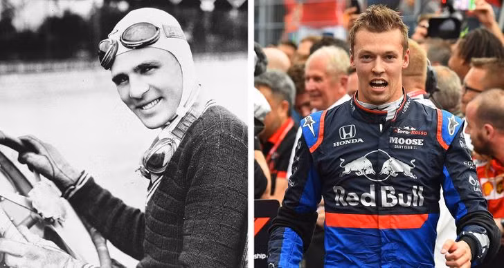 Người lái xe đua Louis Meyer vào những năm 1930, và đồng nghiệp hiện đại của anh ấy là Daniil Kvyat.
