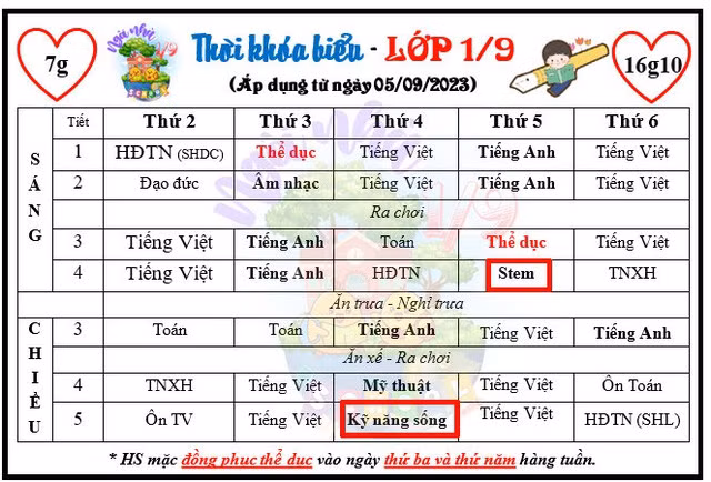 Thời khóa biểu của một trường tiểu học tại TPHCM thể hiện tiết học liên kết được cài xen vào giờ học chính khóa của học sinh. Ảnh: PHCC