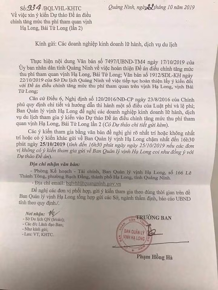 Công văn xin ý kiến Dự thảo Đề án điều chỉnh tăng mức thu phí tham quan vịnh Hạ Long, Bái Tử Long Của BQL vịnh Hạ Long