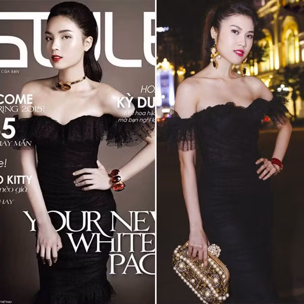 Khi thực hiện ảnh bìa cho một tạp chí thời trang, hoa hậu Kỳ Duyên diện mẫu váy giống y đúc trang phục của MC Thu Hằng. Thiết kế hàng hiệu được chân dài làng mốt đón đầu và diện trước đó hơn nửa năm. Tuy nhiên, vẻ đẹp kiều diễm cùng kiểu tóc ướt giúp Hoa hậu Việt Nam 2014 trông sang trọng hơn hẳn giải vàng Siêu mẫu. 10 vụ đụng váy áo mới nhất của mỹ nhân showbiz Việt