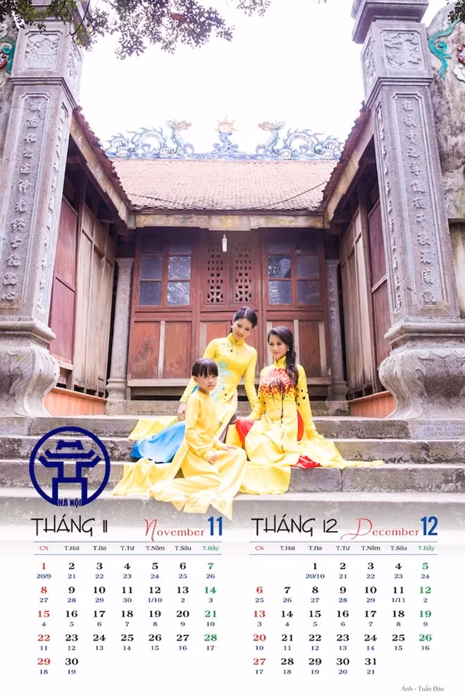 Hai hoa hậu duyên dáng, e ấp trong tà áo dài truyền thống Việt Nam. Hoa hậu Trần Thị Quỳnh chụp ảnh lịch về Hà Nội