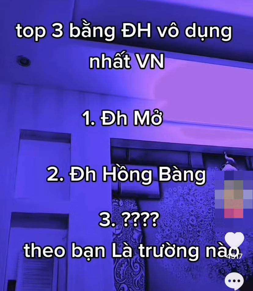 Một video liệt kê các trường có bằng đại học vô dụng nhất Việt Nam. Ảnh: Chụp màn hình TikTok Một video liệt kê các trường có bằng đại học vô dụng nhất Việt Nam. Ảnh: Chụp màn hình TikTok