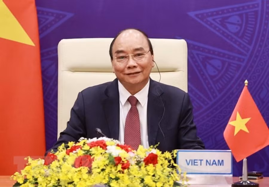 Chủ tịch nước Nguyễn Xuân Phúc tại điểm cầu Hà Nội. (Ảnh: Thống Nhất/TTXVN)