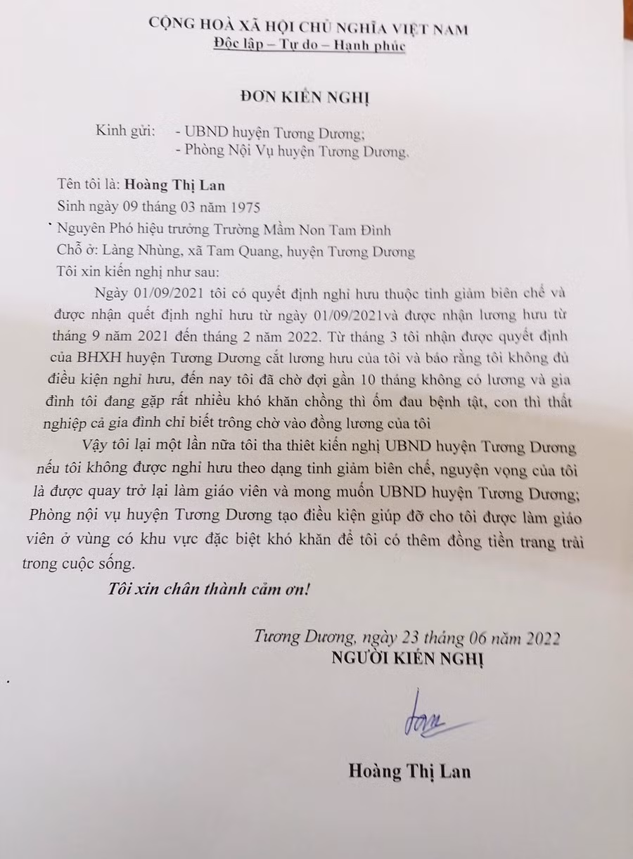 Đơn trình bày của bà Hoàng Thị Lan, nguyên Phó Hiệu trưởng Trường Mầm non Tam Đình, huyện Tương Dương, Nghệ An. Đơn trình bày của bà Hoàng Thị Lan, nguyên Phó Hiệu trưởng Trường Mầm non Tam Đình, huyện Tương Dương, Nghệ An.