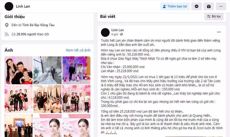 Bài đăng của Linh Lan trên trang facebook cá nhân (Ảnh: chụp màn hình).