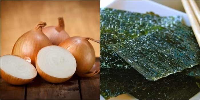 Rong biển có chứa nhiều i-ốt và can-xi. Trong khi đó, hành tây lại giàu axit oxalic. Ăn rong biển cùng hành tây sẽ tăng nguy cơ hình thành sỏi trong cơ thể.