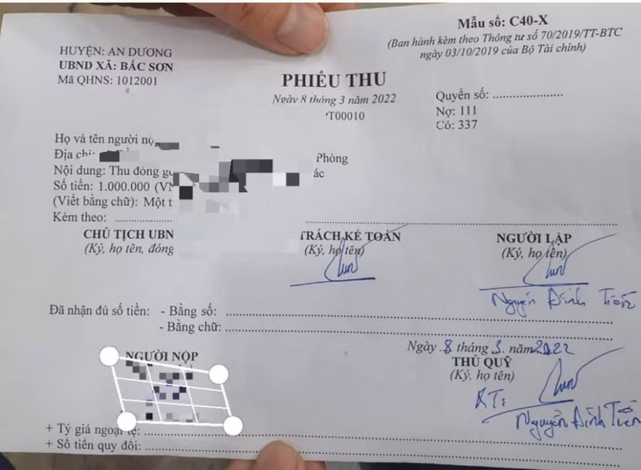 Phiếu thu đóng góp tự nguyện của UBDN xã Bắc Sơn