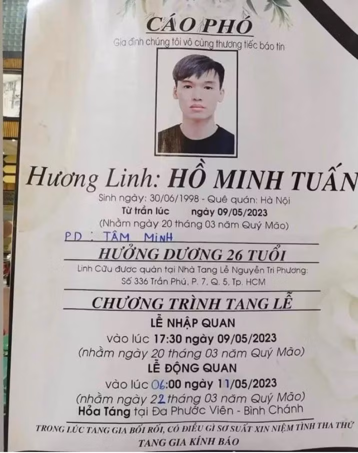 Cáo phó của Win (Hồ Minh Tuấn) - cựu thành viên nhóm nhạc Zero9.