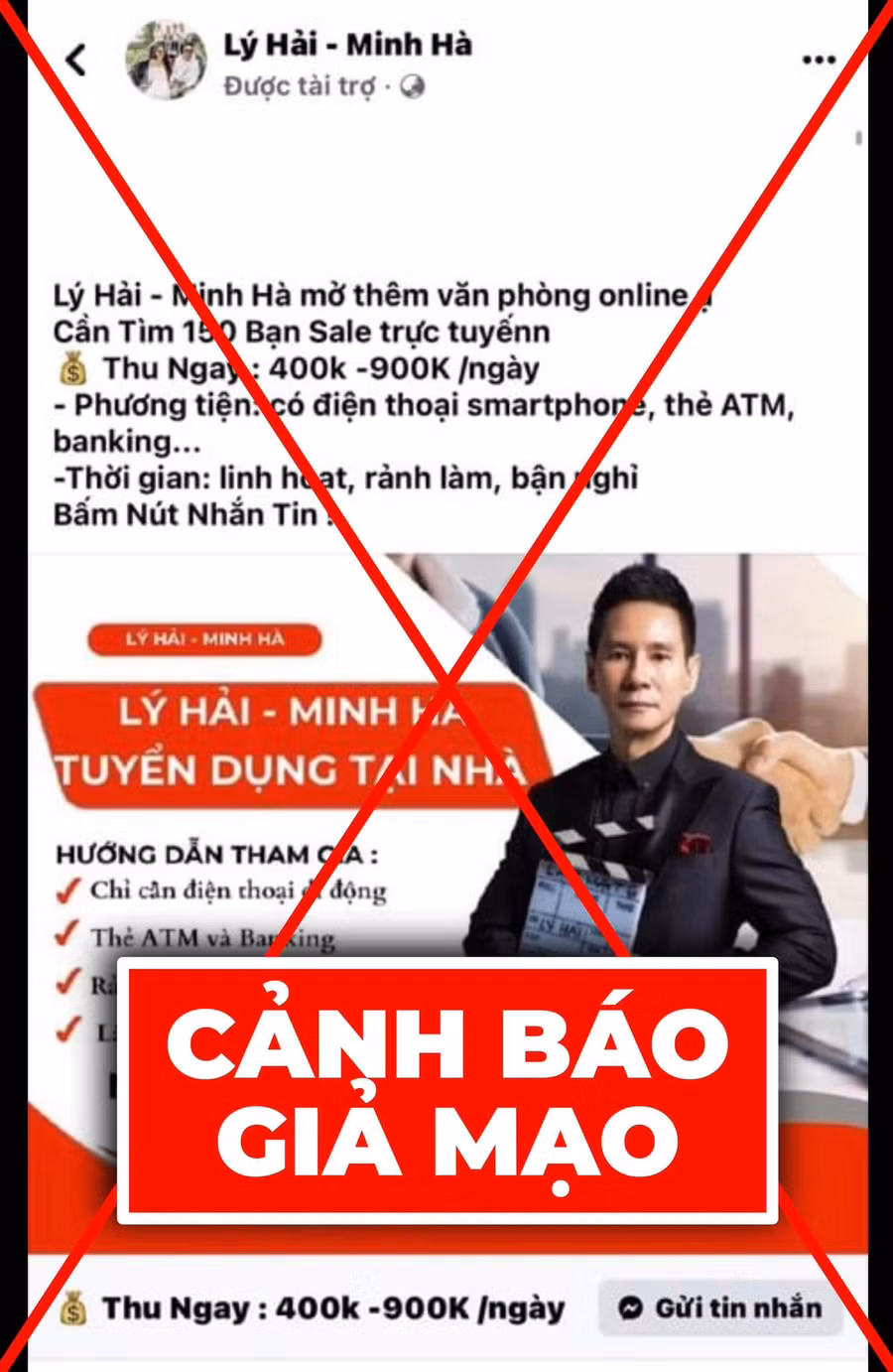Trang giả mạo Lý Hải - Minh Hà để đăng tin lừa dối người khác.