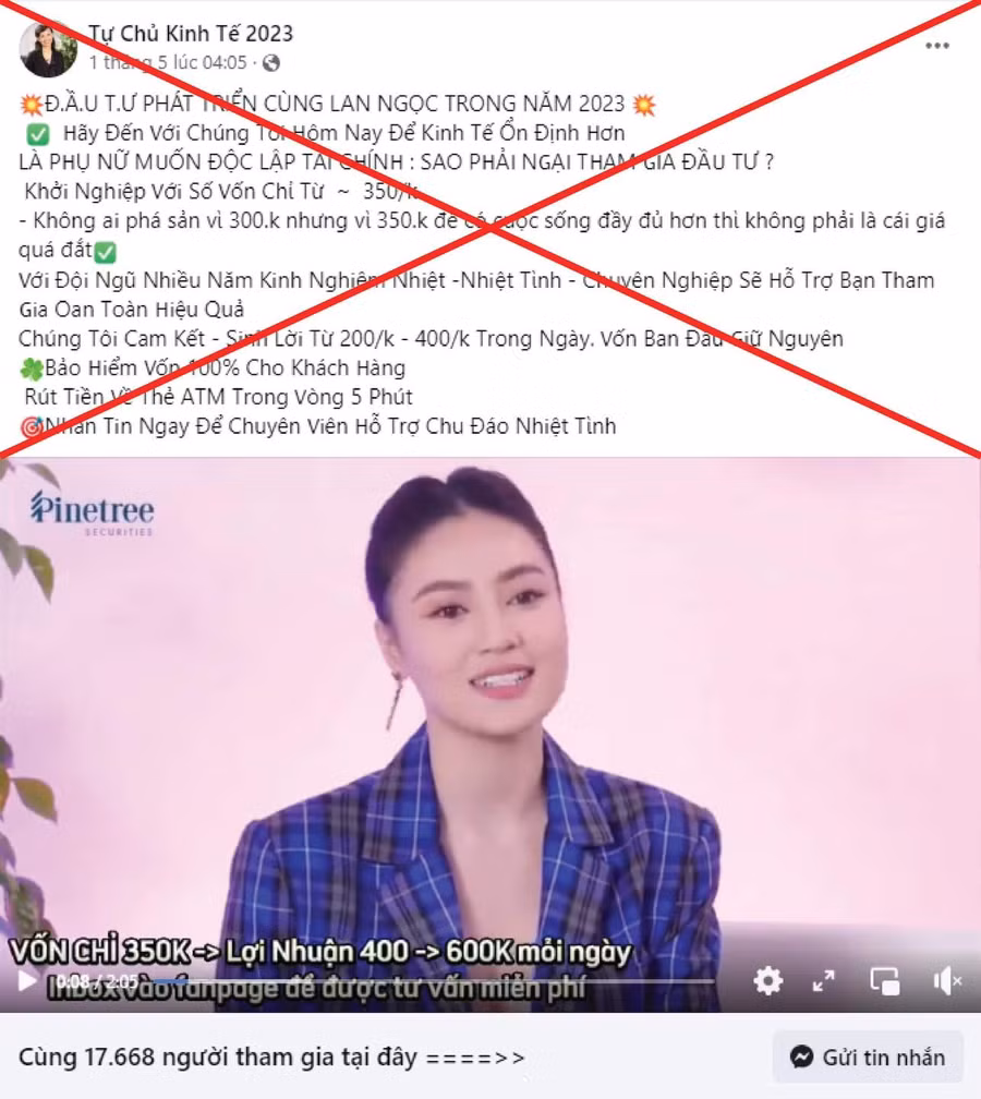 Ninh Dương Lan Ngọc bị đối tượng xấu mạo danh, sử dụng hình ảnh để quảng cáo sai sự thật nhằm trục lợi bất chính. Ninh Dương Lan Ngọc bị đối tượng xấu mạo danh, sử dụng hình ảnh để quảng cáo sai sự thật nhằm trục lợi bất chính.