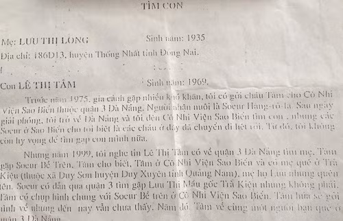 Tờ tường trình "Tìm con" của người mẹ 80 tuổi. Ảnh: LT.