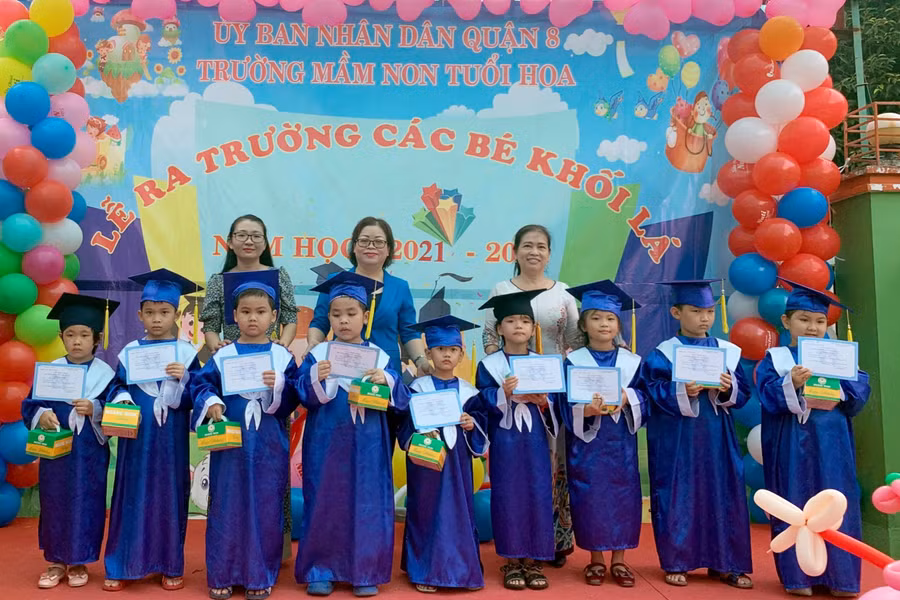 Học sinh lớp Lá Trường Mầm non Tuổi Hoa (Quận 8, TPHCM) tại lễ tổng kết năm học 2021 - 2022. Ảnh: C.Chương Học sinh lớp Lá Trường Mầm non Tuổi Hoa (Quận 8, TPHCM) tại lễ tổng kết năm học 2021 - 2022. Ảnh: C.Chương