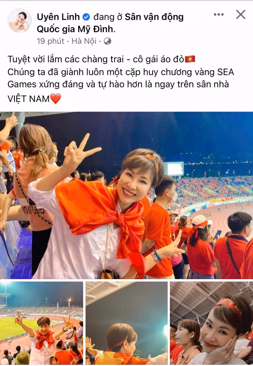 Ca sĩ Uyên Linh có mặt trực tiếp tại sân vận động Mỹ Đình để cổ vũ cho các tuyển thủ. Cô chia sẻ: "Tuyệt vời lắm các chàng trai - cô gái áo đỏ. Chúng ta đã giành luôn một cặp huy chương vàng SEA Games xứng đáng và tự hào hơn là ngay trên sân nhà Việt Nam".