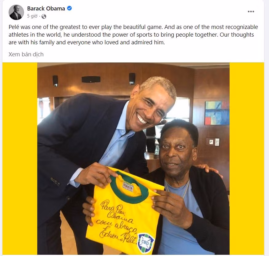 Cựu tổng thống Mỹ - Barack Obama bày tỏ sự ngưỡng mộ đối với Pele. Cựu tổng thống Mỹ - Barack Obama bày tỏ sự ngưỡng mộ đối với Pele.