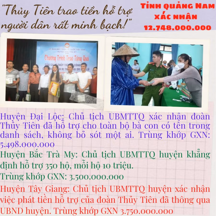 Phía Thuỷ Tiên chia sẻ thông báo cho biết tỉnh Quảng Nam xác minh đã nhận hơn 12 tỷ đồng cứu trợ miền Trung.