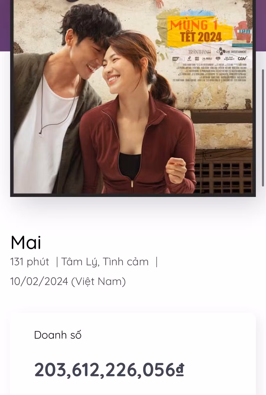Trấn Thành hạnh phúc gửi lời cảm ơn tới quý khán giả và mọi người sau khi "Mai" đạt doanh thu hơn 200 tỷ đồng.