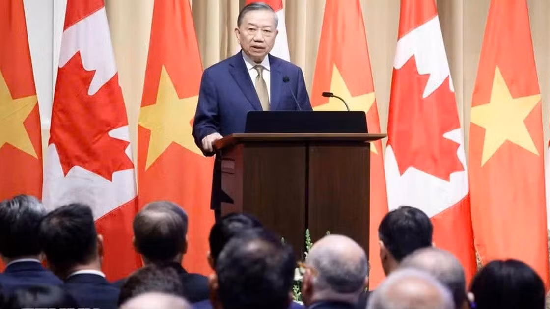 Tổng Bí thư, Chủ tịch nước Tô Lâm phát biểu chính sách "Quan hệ Đối tác Chiến lược Việt Nam – Canada trong bối cảnh thế giới đầy biến động". Ảnh: TTXVN