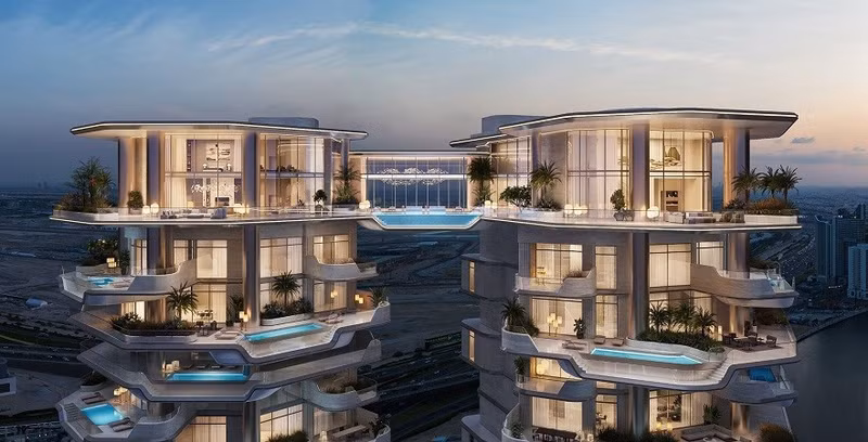 Hai tòa nhà chọc trời mới cao 180 mét, được nối với nhau bằng một "hồ bơi trên cao" táo bạo, sẽ mọc lên phía trên Bến du thuyền Marasi của Dubai. dubai-1-5480.jpg