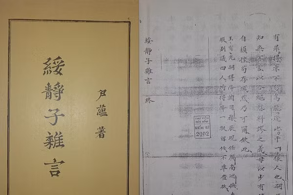 Sách “Tuy Tĩnh tử tạp ngôn” và bút tích của Cử nhân Doãn Uẩn. Ảnh: ITN.