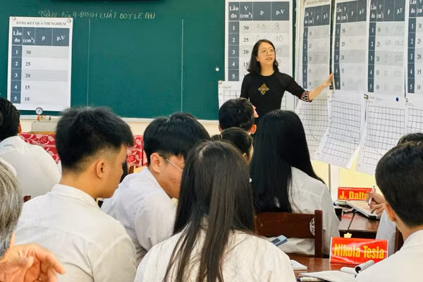 Cô Phạm Nguyễn Trang Ngân và học trò Trường THPT A Lưới trong giờ học môn Vật lí. Ảnh: NVCC