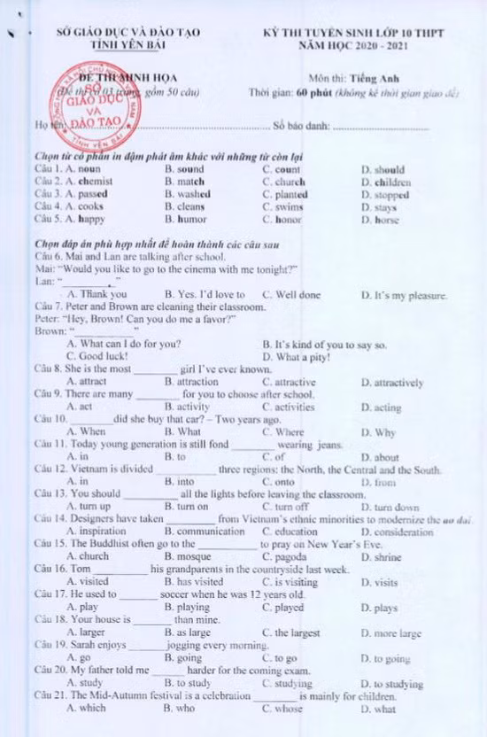Yên Bái: Ban hành đề thi minh họa kỳ tuyển sinh lớp 10 ảnh 6