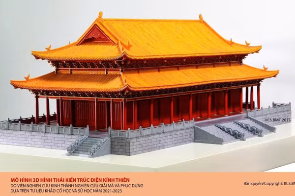 Mô hình 3D hình thái kiến trúc điện Kính Thiên được các nhà khoa học thuộc Viện Nghiên cứu Kinh thành phục dựng.