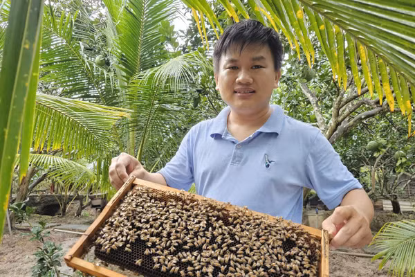 Anh Đạt bên cầu ong mật. Ảnh: Bình An.