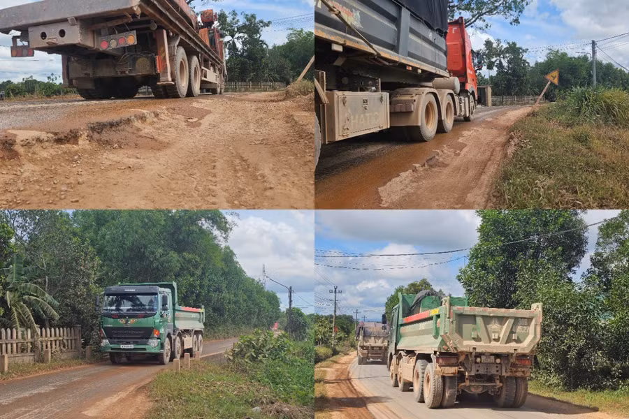 Mặt đường hẹp chỉ đủ cho phương tiện, lề đường hai bên cũng bị hư hỏng, hõm sâu. collage-10.jpg