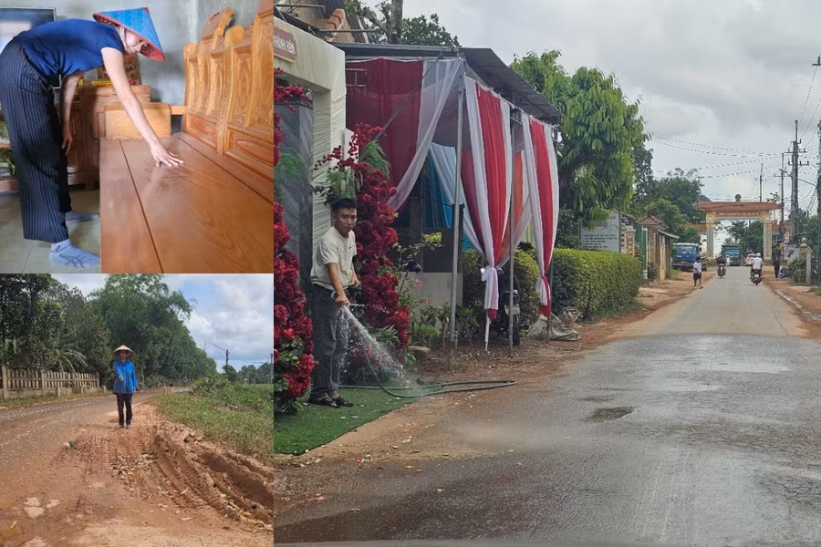 Xe chở đất gây bụi, ảnh hưởng đến cuộc sống, người dân phải bơm nước tưới. collage-8.jpg