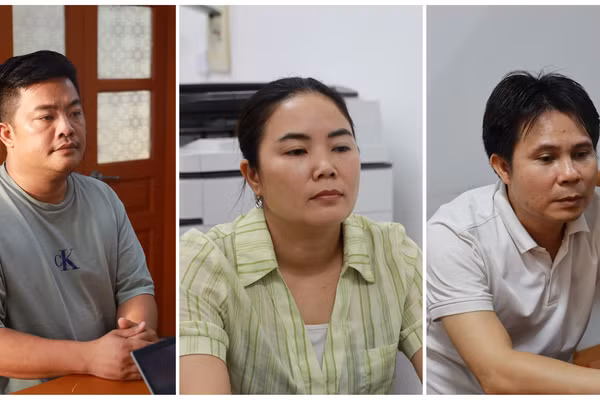 Các bị can (từ trái sang phải): Vũ Hoàng Hải, Bùi Thị Kim Tuyên và Phạm Văn Hà.
