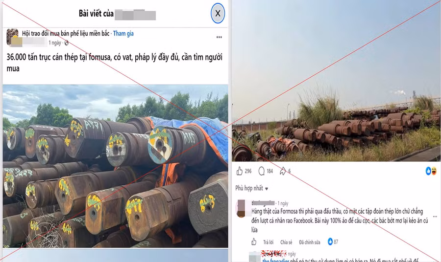Thông tin giả mạo tại một hội nhóm trên Facebook về việc Formosa bán trục cán thép.