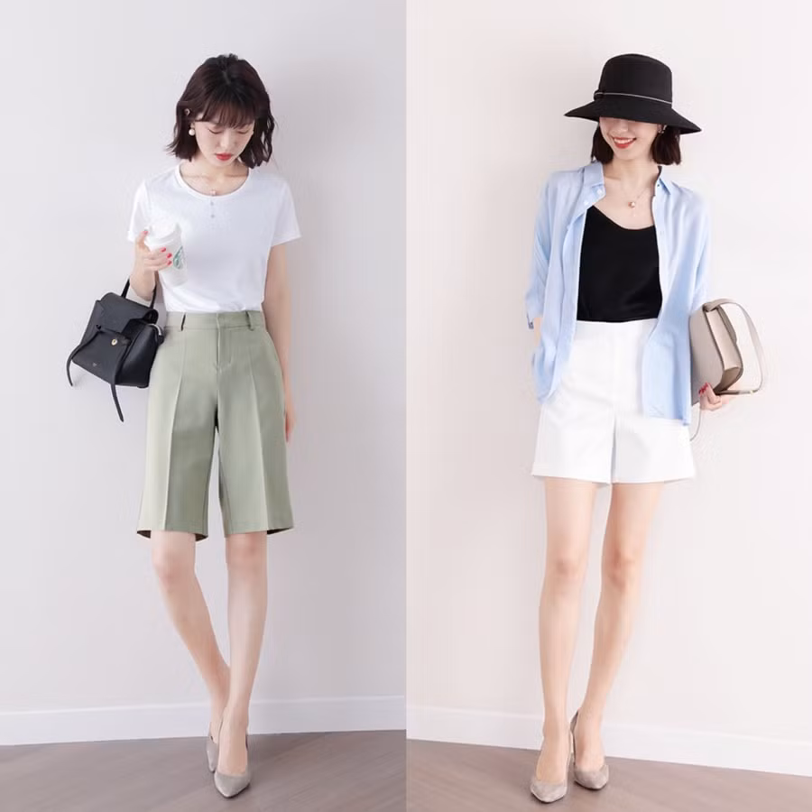 Quần shorts cũng là items không thể thiếu. Với môi trường công sở, bạn nên chọn quần lửng có chiều dài đến đầu gối, còn khi đi chơi thì những chiếc quần ngắn ngang đùi sẽ là items phù hợp.