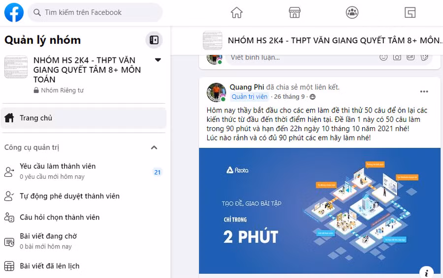 Thầy Phí Văn Quang chia sẻ tài liệu tự luyện trực tuyến cho học sinh.