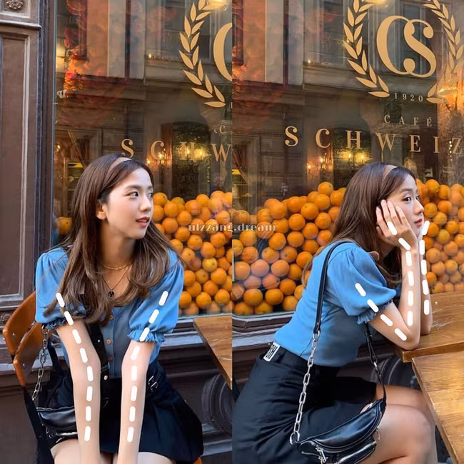 Jisoo chưa bao giờ để cánh tay quá rảnh rang thành lóng ngóng; và chỉ cần vài động tác nhỏ như đặt tay lên đầu gối hay chống cằm, những bức ảnh của Jisoo đã trở nên xinh xẻo và tự nhiên hơn gấp bội.