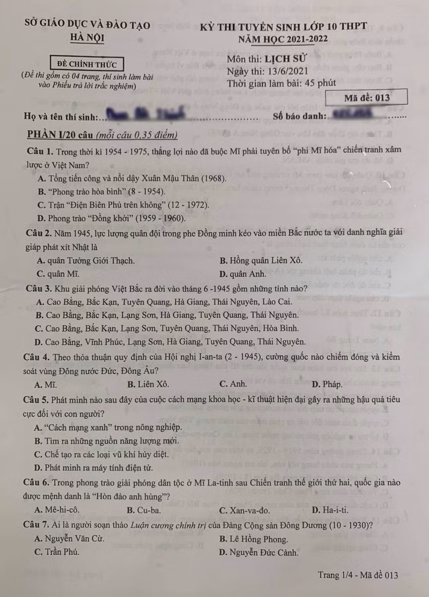 Nhận xét và gợi ý giải đề thi môn Lịch sử kỳ thi tuyển sinh vào lớp 10 Hà Nội ảnh 1