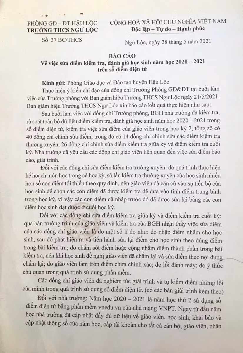 Bản báo cáo của Trường THCS Ngư Lộc.