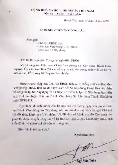 Đơn xin chuyển công tác của ông Ngô Văn Tuấn Đơn xin chuyển công tác của ông Ngô Văn Tuấn
