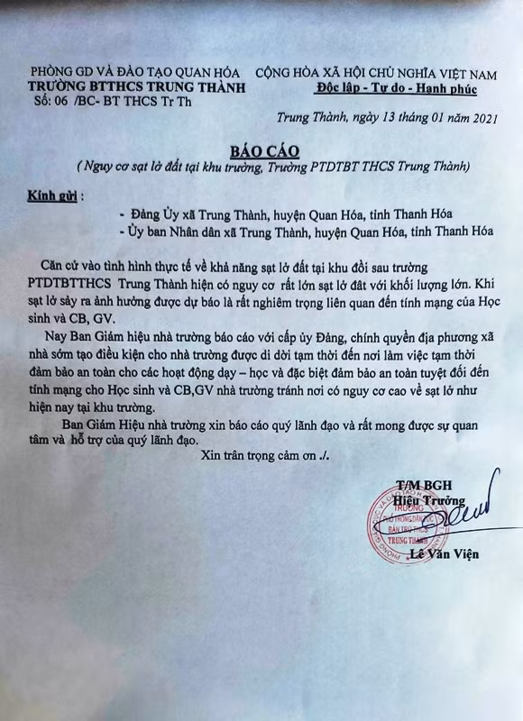 Văn bản báo cáo sự việc của nhà trường.