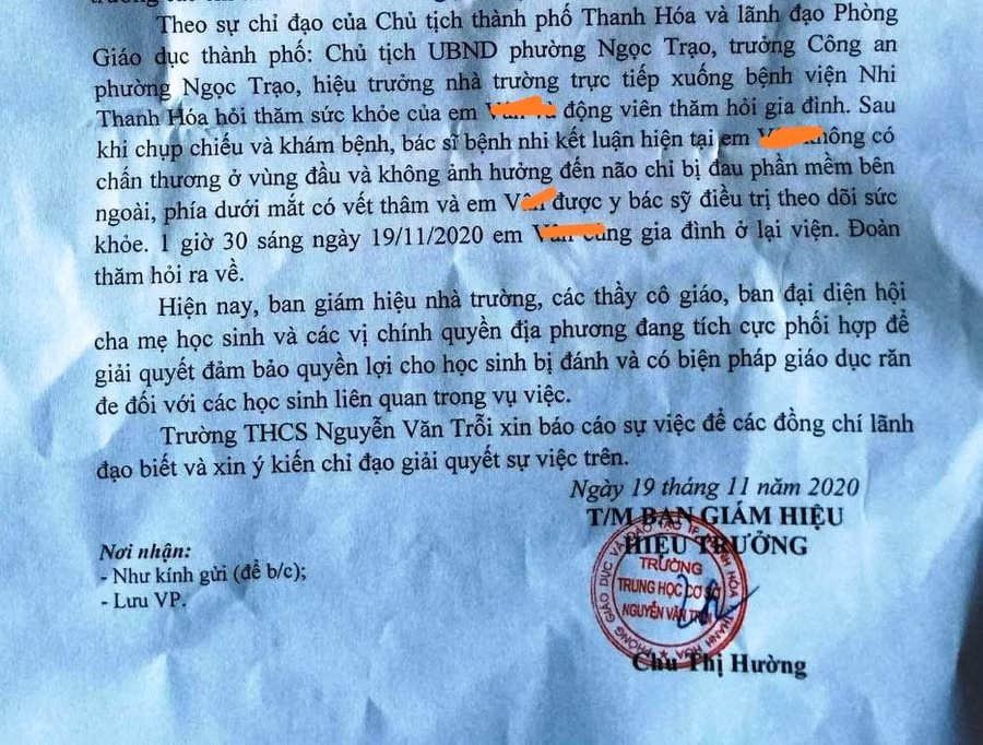 Bản báo cáo sự việc của Trường THCS Nguyễn Văn Trỗi, TP.Thanh Hóa
