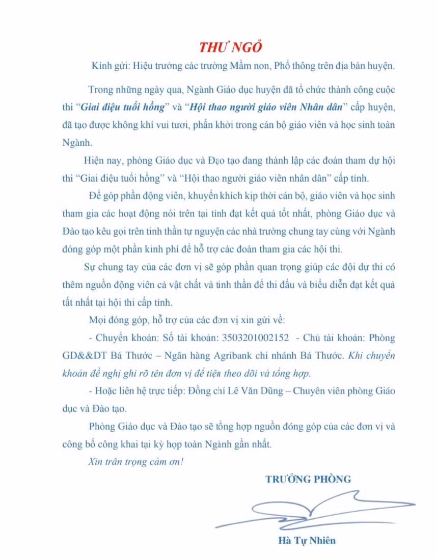 Bức thư ngỏ của Phòng GD&amp;ĐT huyện Bá Thước.
