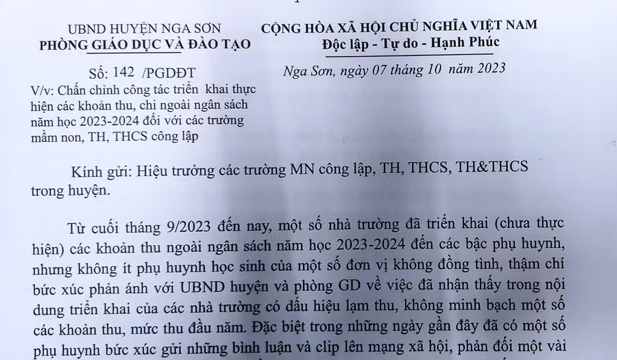 Công văn chỉ đạo của Phòng GD&amp;ĐT huyện Nga Sơn (Thanh Hóa). (Ảnh: TL)