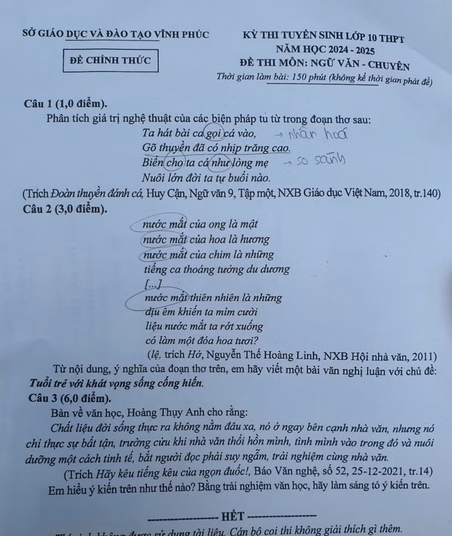 Đề thi vào chuyên Ngữ văn Trường THPT Chuyên Vĩnh Phúc.