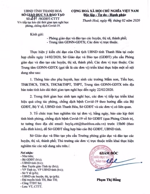 Công văn của Sở GD&ĐT Thanh Hóa.