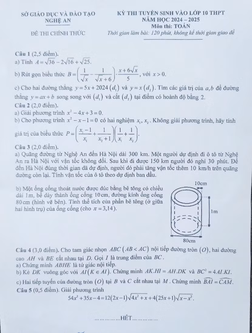Đề thi chính thức môn Toán - Kỳ thi tuyển sinh lớp 10 THPT tỉnh Nghệ An năm học 2024-2025. Ảnh: Hồ Lài Đề thi chính thức môn Toán - Kỳ thi tuyển sinh lớp 10 THPT tỉnh Nghệ An năm học 2024-2025. Ảnh: Hồ Lài