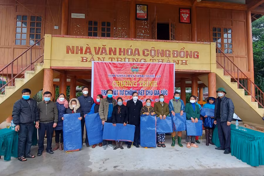 Hội Nông dân tỉnh Nghệ An trao vật tư chống rét vật nuôi cho hội viên nông dân xã Lục Dạ, huyện Con Cuông.