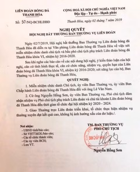 Ông Lê Văn Nam, nguyên Phó giám đốc Sở VHTT&DL Thanh Hóa bị miễn nhiệm chức danh Chủ tịch Liên đoàn bóng đá Thanh Hóa.