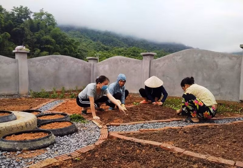 Một số giáo viên Trường Mầm non Tam Thanh (Quan Sơn, Thanh Hóa) chuẩn bị đất để trồng hoa, tạo cảnh quan trong sân trường.
